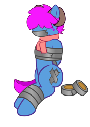 Size: 7320x10347 | Tagged: safe, artist:cardshark777, oc, oc:bliss, oc:puffy bliss, earth pony, pony, g4, arm behind back, bondage, bound and gagged, clothes, covered cutie mark, digital art, duct tape, gag, goat horns, hair over eyes, horns, scarf, simple background, sitting, solo, tape, tape bondage, tape gag, tied up, transparent background