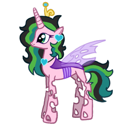 Size: 706x706 | Tagged: safe, artist:3173_delta, oc, oc only, oc:stolen love, alicorn, changeling, changepony, hybrid, pony, g4, alicorn oc, changeling wings, ear piercing, female, green eyes, horn, interspecies offspring, jewelry, magical lesbian spawn, mare, multicolored hair, multicolored mane, multicolored tail, necklace, offspring, parent:princess cadance, parent:queen chrysalis, parents:cadalis, piercing, pink coat, purple wings, simple background, solo, tail, tiara, trace, transparent background, wings