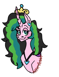 Size: 625x813 | Tagged: safe, artist:arsonrabbit, oc, oc only, oc:stolen love, alicorn, changeling, changepony, hybrid, pony, g4, alicorn oc, bust, ear piercing, female, green eyes, horn, interspecies offspring, jewelry, looking at you, looking forward, magical lesbian spawn, mare, multicolored hair, multicolored mane, necklace, offspring, parent:princess cadance, parent:queen chrysalis, parents:cadalis, piercing, pink coat, simple background, solo, tiara, white background, wingding eyes