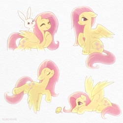 Size: 2000x2000 | Tagged: safe, artist:scheadar, angel bunny, fluttershy, butterfly, pegasus, pony, rabbit, g4, animal, cute, emanata, eyes closed, female, hoof on chest, lying down, mare, partially open wings, prancing, prone, shyabetes, smiling, spread wings, wings