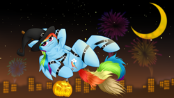 Size: 5760x3240 | Tagged: safe, artist:twinky, rainbow dash, pegasus, pony, semi-anthro, mlp fim's fourteenth anniversary, g4, belt, broom, butt, chest fluff, city, crescent moon, female, fireworks, hat, looking at each other, looking at someone, mare, moon, night, outdoors, plot, pumpkin, smiling, solo, wings, witch hat