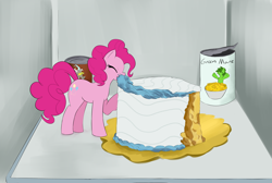 Size: 3742x2515 | Tagged: safe, artist:lillslim, discord, pinkie pie, earth pony, pony, g4, cake, cans, eating, eyes closed, female, food, mare, refrigerator