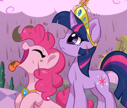 Size: 1492x1272 | Tagged: safe, artist:oofycolorful, pinkie pie, twilight sparkle, earth pony, pony, unicorn, g4, my little pony: friendship is magic, the return of harmony, anime reference, big crown thingy, chaos, chocolate, chocolate rain, discorded landscape, dragon ball, duo, duo female, element of laughter, element of magic, enjoying, female, food, horn, jewelry, meme, pinkie being pinkie, ponified meme, rain, regalia, tongue out, unicorn twilight, vegeta in the rain