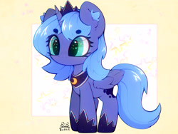 Size: 4000x3000 | Tagged: safe, artist:zokkili, princess luna, alicorn, pony, g4, beanbrows, crown, ear fluff, eyebrows, eyebrows visible through hair, female, filly, filly luna, folded wings, high res, hoof shoes, horn, jewelry, mare, passepartout, peytral, princess shoes, regalia, signature, solo, tail, wings, woona, younger