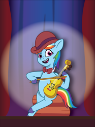 Size: 1134x1513 | Tagged: safe, artist:prixy05, rainbow dash, pegasus, pony, g4, g5, my little pony: tell your tale, bowler hat, clothes, curtains, female, fiddle, g4 to g5, generation leap, hat, mare, musical instrument, necktie, sitting, solo, spotlight, tell your tale style