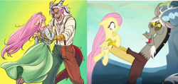 Size: 750x357 | Tagged: safe, artist:dinakyo, discord, fluttershy, draconequus, human, pegasus, pony, anthro, g4, my little pony: friendship is magic, to where and back again, age difference, clothes, dress, duo, female, humanized, male, mare, reunion, scene interpretation, ship:discoshy, shipping, straight, suit