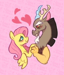 Size: 695x809 | Tagged: safe, artist:jackal_cackle, discord, fluttershy, pony, g4, abstract background, blushing, female, heart, holding a pony, holding hooves, looking at each other, looking at someone, male, ship:discoshy, shipping, shiptober, straight