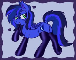 Size: 3877x3089 | Tagged: safe, artist:catponything, oc, oc only, oc:guard cobalt flash, bat pony, bat pony oc, clothes, commission, floating heart, freckles, heart, latex, latex socks, lidded eyes, looking back, male, socks, solo, ych result