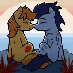 Size: 2048x2048 | Tagged: safe, artist:sefastpone, braeburn, soarin', earth pony, pegasus, pony, g4, backlighting, digital art, duo, duo male, eyes closed, gay, male, nuzzling, ocean, outdoors, ship:soarburn, shipping, sitting, stallion, sunset, water