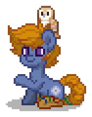 Size: 188x240 | Tagged: safe, oc, oc only, oc:starflower, bird, earth pony, owl, pony, pony town, g4, blue coat, boots, braid, braided tail, digital art, earth pony oc, magical lesbian spawn, male, offspring, orange hair, parent:applejack, parent:twilight sparkle, parents:twijack, pixel art, purple eyes, raised hoof, shoes, simple background, sitting, solo, stallion, tail, transparent background