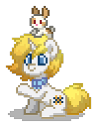 Size: 196x256 | Tagged: safe, oc, oc only, oc:basket weave, pony, rabbit, unicorn, pony town, g4, animal, blue eyes, bowtie, collar, digital art, gradient hair, gradient mane, gradient tail, horn, magical lesbian spawn, male, offspring, orange hair, orange mane, orange tail, parent:fluttershy, parent:rarity, parents:flarity, pixel art, raised hoof, simple background, sitting, solo, stallion, tail, transparent background, unicorn oc, white coat, yellow hair, yellow mane, yellow tail