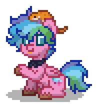 Size: 196x216 | Tagged: safe, oc, oc only, oc:party cannon (pinkiedash), alligator, pegasus, pony, pony town, g4, blue eyes, bowtie, brown hooves, collar, cross-eyed, digital art, hooves, magical lesbian spawn, male, multicolored hair, multicolored mane, multicolored tail, offspring, parent:pinkie pie, parent:rainbow dash, parents:pinkiedash, pegasus oc, pink coat, pixel art, raised hoof, simple background, sitting, solo, stallion, tail, tongue out, transparent background, wings