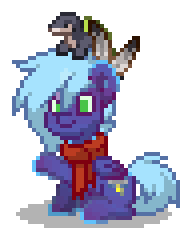 Size: 192x240 | Tagged: safe, oc, oc only, oc:stormy (soarindash), pegasus, pony, turtle, pony town, g4, blue coat, blue hair, blue mane, blue tail, clothes, digital art, green eyes, male, offspring, parent:rainbow dash, parent:soarin', parents:soarindash, pegasus oc, pixel art, raised hoof, scarf, simple background, solo, stallion, tail, transparent background, wings