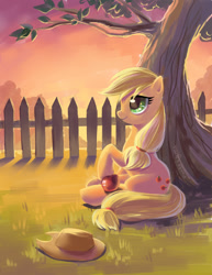 Size: 800x1035 | Tagged: safe, artist:fantazyme, applejack, earth pony, pony, g4, 4everfreebrony, apple, cowboy hat, female, fence, food, hat, obligatory apple, outdoors, solo, sunset, tree, under the tree