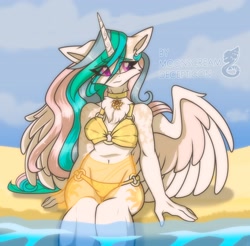 Size: 2560x2515 | Tagged: source needed, safe, artist:moonscream decepticon, princess celestia, alicorn, anthro, g4, amulet, beach, belly, belly button, bikini, chest fluff, choker, clothes, female, heart, heart eyes, jewelry, midriff, neck fluff, ocean, outdoors, partially open wings, sarong, see-through, see-through skirt, sitting, skirt, solo, swimsuit, underwear, water, wingding eyes, wings, yellow bikini, yellow swimsuit