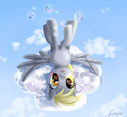 Size: 908x835 | Tagged: safe, artist:fantazyme, derpy hooves, pegasus, pony, g4, bubble, cloud, cloudy, female, mare, outdoors, solo, upside down