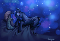 Size: 1348x913 | Tagged: safe, artist:fantazyme, princess luna, alicorn, pony, g4, bed, ethereal mane, eyes closed, female, mare, pillow, sleeping, solo, starry mane