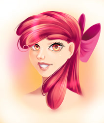 Size: 1500x1769 | Tagged: safe, artist:fantazyme, apple bloom, human, g4, bust, female, grin, humanized, lips, looking at you, older, older apple bloom, portrait, red hair, smiling, solo