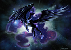 Size: 2117x1500 | Tagged: safe, artist:fantazyme, nightmare moon, alicorn, pony, g4, armor, female, flying, majestic, mare, solo, space, spread wings, wings