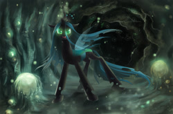 Size: 1700x1120 | Tagged: safe, artist:fantazyme, queen chrysalis, changeling, changeling queen, g4, crown, fangs, female, frown, glowing, glowing eyes, jewelry, open mouth, regalia, solo, standing