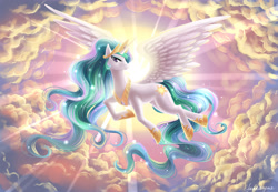 Size: 2124x1474 | Tagged: safe, artist:fantazyme, princess celestia, alicorn, pony, g4, beautiful, cloud, crepuscular rays, female, flying, mare, outdoors, smiling, solo, spread wings, sun, wings