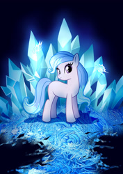 Size: 2060x2910 | Tagged: safe, artist:fantazyme, oc, oc only, butterfly, earth pony, pony, blank flank, commission, crystal, female, ice, looking at you, mare, smiling, solo