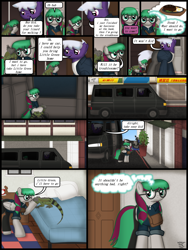 Size: 1750x2333 | Tagged: safe, artist:99999999000, oc, oc only, oc:firearm king, oc:li anna, earth pony, iguana, lizard, pegasus, comic:affection, car, comic, duo, female, food, glasses, male, meat, steak, van