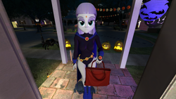 Size: 2560x1440 | Tagged: safe, artist:oatmeal!, maud pie, human, spider, equestria girls, g4, 3d, bag, clothes, costume, dc comics, decoration, gmod, goth, halloween, halloween costume, holding, holiday, jack-o-lantern, legs together, leotard, looking at you, night, pumpkin, raven (dc comics), solo, standing, superhero, teen titans, trick or treat