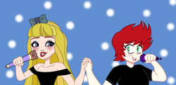 Size: 2094x1011 | Tagged: safe, artist:spike17, spike, human, g4, blondie lockes, human spike, humanized, microphone, red hair, ship:blondike, shipping, singing, smiling, spike x ever after high