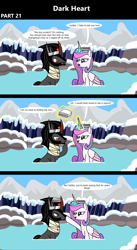 Size: 1920x3516 | Tagged: safe, artist:platinumdrop, king sombra, princess flurry heart, alicorn, pony, unicorn, comic:dark heart, g4, 3 panel comic, alternate timeline, bandage, blood, boop, comic, commission, crown, crystal, crystal empire, dark crystal, dialogue, evil flurry heart, female, folded wings, glowing, glowing horn, hoof on chin, horn, hot springs, husband and wife, injured, jewelry, king sombra is not amused, looking at each other, looking at someone, looking down, magic, male, mare, mountain, mountain range, older, older flurry heart, onsen, open mouth, open smile, outdoors, playful, regalia, rock, ship:flurrybra, shipping, sitting, smiling, smiling at someone, snow, speech bubble, stallion, straight, telekinesis, towel, unamused, victorious villain, wings