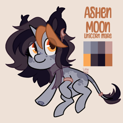 Size: 2500x2500 | Tagged: safe, artist:lionbun, oc, oc only, oc:ashen moon, pony, unicorn, bow, bracelet, character design, clothes, coat markings, color palette, colored ears, colored pinnae, dappled, ear tufts, eye clipping through hair, female, horn, jewelry, leonine tail, mare, orange eyes, reference sheet, scarf, simple background, solo, tail, tail bow, tan background, underh