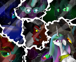 Size: 2128x1764 | Tagged: safe, artist:ebonyinkstone, discord, king sombra, lord tirek, nightmare moon, princess celestia, queen chrysalis, sci-twi, sunset shimmer, twilight sparkle, alicorn, centaur, changeling, changeling queen, draconequus, pony, taur, equestria girls, g4, my little pony equestria girls: friendship games, the cutie re-mark, antagonist, equestria girls ponified, female, male, mare, midnight sparkle, ponified, sunset satan