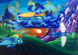 Size: 2133x1512 | Tagged: safe, artist:colorsceempainting, rainbow dash, soarin', spitfire, pegasus, pony, g4, female, flying, goggles, male, mare, mountain, outdoors, painting, scenery, spread wings, stallion, traditional art, tree, trio, wings, wonderbolts