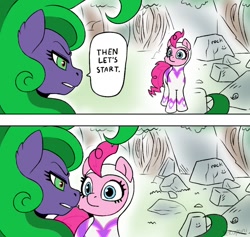 Size: 938x888 | Tagged: safe, artist:sekuponi, fili-second, mane-iac, pinkie pie, earth pony, pony, g4, 2 panel comic, clothes, comic, female, mare, one punch man, ponified scene, power ponies, rock, speech bubble, suit, text, tree