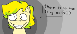 Size: 1378x622 | Tagged: safe, artist:endorsed_dr, oc, oc only, oc:lemonbread, earth pony, pony, atheism, earth pony oc, text