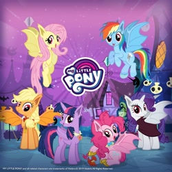 Size: 1080x1080 | Tagged: safe, gameloft, idw, applejack, fluttershy, pinkie pie, rainbow dash, rarity, twilight sparkle, alicorn, bat pony, bat pony alicorn, living apple, pony, g4, night of the living apples, applebat, bat ponified, bat six, bat wings, female, flutterbat, halloween, holiday, horn, idw showified, male, mane six, mare, my little pony logo, outdoors, pinkiebat, race swap, rainbowbat, raribat, twibat, wings