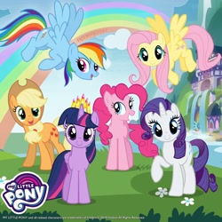 Size: 1080x1080 | Tagged: safe, gameloft, applejack, fluttershy, pinkie pie, rainbow dash, rarity, twilight sparkle, alicorn, earth pony, pony, unicorn, g4, horn, mane six, my little pony logo, outdoors, rainbow, school of friendship, twilight sparkle (alicorn)