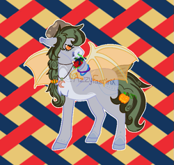 Size: 565x533 | Tagged: safe, artist:azira faerinx, oc, oc only, bat pony, g4, art trade, artificial wings, augmented, fruit, gray coat, green mane, halloween, hat, holding, holiday, magic, magic wings, nose piercing, orange eyes, patterned background, piercing, raspberry, septum piercing, spooky, spots, standing, three toned background, tongue out, wings