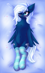 Size: 2300x3700 | Tagged: safe, artist:gaffy, oc, oc only, oc:thunder drop, pegasus, bed, belly, belly button, blushing, chest fluff, clothes, ear fluff, featureless crotch, female, legs together, lying down, one eye closed, pegasus oc, sexy, socks, striped socks, wings, wink