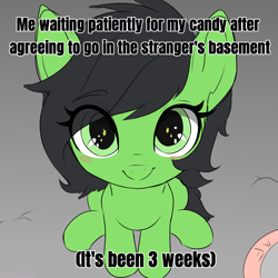 Size: 1897x1896 | Tagged: safe, artist:marshmallowfluff, oc, oc only, oc:filly anon, earth pony, pony, cute, dark comedy, eye clipping through hair, female, filly, foal, implied kidnapping, looking at you, looking up, looking up at you, meme, sad in hindsight, sitting, solo, text, the implications are horrible, this will end in tears