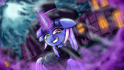 Size: 2560x1440 | Tagged: safe, artist:jusussi, oc, oc only, oc:flawless sparklemoon, pony, unicorn, my little pony the movie: the death of twilight sparkle, cloak, clothes, confetti, female, fusion, fusion:trixie, fusion:twilight sparkle, fusion:twixie, hat, horn, mare, smiling, solo, starry eyes, top hat, wingding eyes