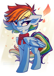 Size: 842x1191 | Tagged: safe, artist:chaosangeldesu, rainbow dash, pegasus, pony, g4, autumn, clothes, cute, female, folded wings, leaves, mare, scarf, solo, wings