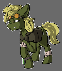 Size: 935x1065 | Tagged: safe, artist:pen-and-paper, oc, oc only, oc:murky, earth pony, pony, fallout equestria, fallout equestria: murky number seven, bandage, clothes, earth pony oc, fanfic art, goggles, goggles on head, gray background, male, raised hoof, simple background, solo, stallion, tail