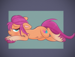 Size: 3178x2384 | Tagged: safe, artist:psfmer, sunny starscout, pegasus, pony, g5, belly, belly button, belly fluff, coat markings, female, floppy ears, lidded eyes, lying down, mare, passepartout, prone, round belly, socks (coat markings), solo, sunny starscout is not amused, unamused, unshorn fetlocks