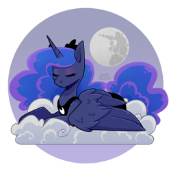 Size: 2894x2894 | Tagged: safe, artist:jellysketch, princess luna, alicorn, pony, g4, cloud, crown, eyes closed, female, jewelry, mare, mare in the moon, moon, on a cloud, regalia, solo