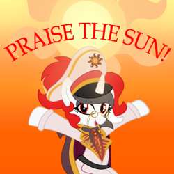 Size: 320x320 | Tagged: safe, artist:gusty boy, princess celestia, oc, oc:red rocket, pony, equestria at war mod, clothes, collar, glasses, gradient background, hat, looking at you, necktie, peaked cap, praise the sun, solar empire, solo, uniform