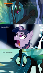 Size: 800x1350 | Tagged: safe, edit, edited screencap, screencap, mean twilight sparkle, queen chrysalis, alicorn, changeling, changeling queen, pony, g4, season 6, season 8, the mean 6, to where and back again, what lies beneath, 3 panel comic, adorkable, asdfmovie, asdfmovie7, black body, comic, cute, disguise, dork, duo, duo female, fangs, female, former queen chrysalis, frown, green eyes, green sclera, gritted teeth, mare, multicolored hair, multicolored mane, nickelodeon, nickelodeon logo, nightmare cave, oh crap face, open frown, open mouth, open smile, purple coat, purple eyes, purple fur, purple hair, purple mane, queen chrysellus, raised hoof, screencap comic, shocked, shocked expression, slit pupils, smiling, striped hair, striped mane, teal hair, teal mane, teeth, text, three toned hair, three toned mane, wall of tags, wide eyes, you know for kids, you ruined everything