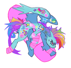 Size: 879x839 | Tagged: safe, artist:cutesykill, rainbow dash, pegasus, pony, g4, accessory, alternate eye color, alternate hairstyle, alternate tailstyle, bandage, bandaged leg, beanbrows, big ears, blue coat, blue sclera, butt fluff, coat markings, colored eyebrows, colored pinnae, colored sclera, decora, ear fluff, ear piercing, earring, eyebrows, eyelashes, female, flying, frown, gradient pinnae, hooped earrings, jewelry, leg fluff, leg markings, lyrics in the description, mare, mohawk, multicolored hair, multicolored mane, narrowed eyes, no catchlights, partially open wings, passepartout, piercing, profile, punk, rainbow hair, rainbow punk, rainbow tail, raised hoof, red eyes, slit pupils, solo, spiky mane, spiky tail, sticker, tail, thick eyelashes, wing accessory, wings