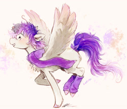 Size: 1646x1414 | Tagged: oc name needed, safe, artist:lutraviolet, oc, oc only, mouse, pegasus, pony, abstract background, blank flank, blushing, bow, butt fluff, chest fluff, clothes, colored hooves, colored wings, commission, ear fluff, ear piercing, earring, emotional support animal, eyelashes, feathered wings, female, female oc, gradient mane, gradient tail, gradient wings, gradient wingtips, hatching (technique), hooves, jewelry, jumping, leg fluff, leg warmers, looking at someone, mare, mare oc, no catchlights, no pupils, piercing, ponysona, profile, purple bow, purple hooves, purple mane, purple scarf, purple tail, raised hoof, raised leg, scarf, shaggy mane, shiny hooves, short mane, smiling, solo, spread wings, standing, standing on one leg, tail, tail accessory, tail bow, tied tail, unshorn fetlocks, white coat, wing fluff, wings