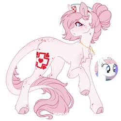 Size: 1000x1000 | Tagged: safe, artist:kazmuun, nurse redheart, earth pony, pony, series:kazmuun's drawing every pony, g4, alternate design, alternate hairstyle, alternate tailstyle, anatomically incorrect, big ears, blue eyes, blue pupils, blush lines, blushing, butt fluff, butt freckles, chest fluff, cloven hooves, colored, colored eyebrows, colored eyelashes, colored hooves, colored lineart, colored pinnae, colored pupils, concave belly, cute, elbow blush, eyebrows, eyebrows visible through hair, eyelashes, eyeshadow, female, fetlock tuft, flat colors, floating heart, freckles, hair bun, hat, heart, heart freckles, heart mark, heartabetes, hock fluff, hooves, incorrect leg anatomy, jewelry, leg fluff, leg freckles, leonine tail, long tail, looking at you, looking back, makeup, mare, neck freckles, necklace, nurse hat, open mouth, pink hooves, pink mane, pink tail, profile, raised hoof, red eyelashes, red eyeshadow, redesign, reference used, screencap reference, shoulder fluff, shoulder freckles, signature, simple background, slender, solo, standing on three hooves, tail, tail freckles, thin, thin legs, tied mane, transparent background, turned head, unshorn fetlocks, white coat, white pupils, white text